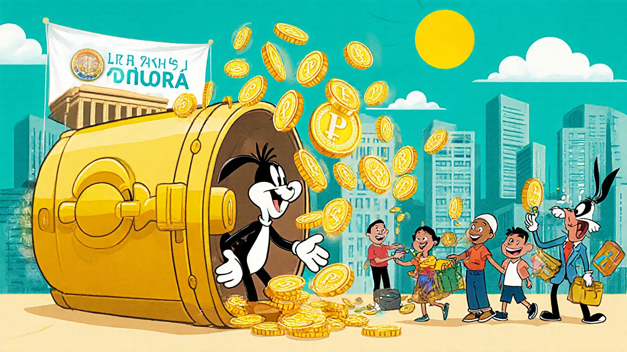 Animated digital peso coins from a central bank vault give digital wallets to happy citizens.