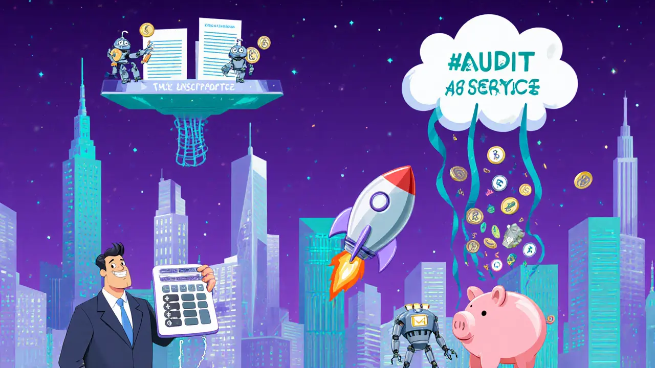 Futuristic cartoon city with robots, data ribbons, and floating audit‑as‑service balloons.