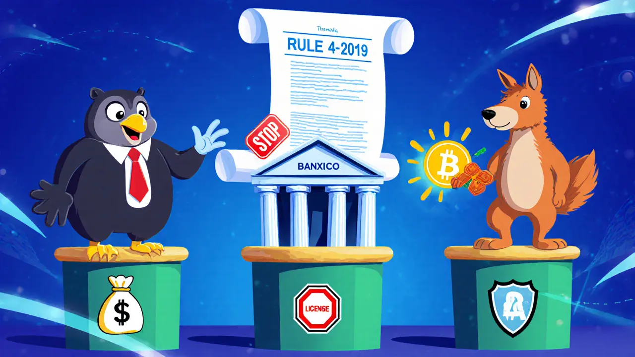 Regulator mascots stop a bank from passing a crypto wallet to a fintech fox with a Rule 4/2019 scroll.