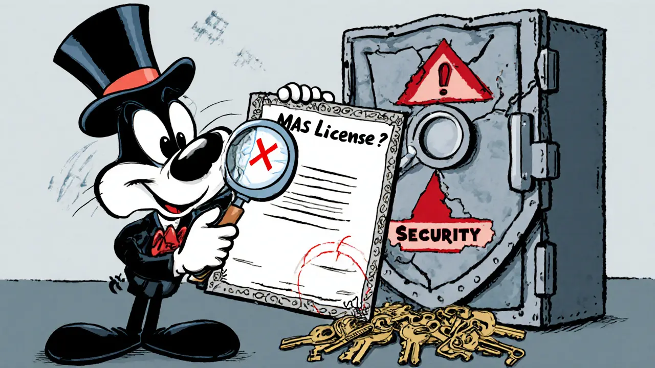 Banker inspects missing MAS license and cracked security shield.