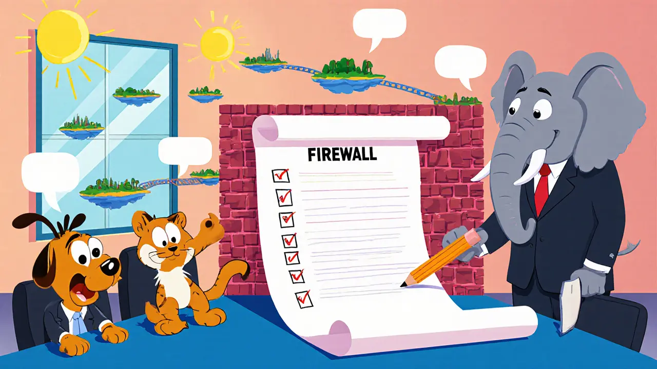 Cartoon boardroom with executives reviewing a checklist and a firewall wall.
