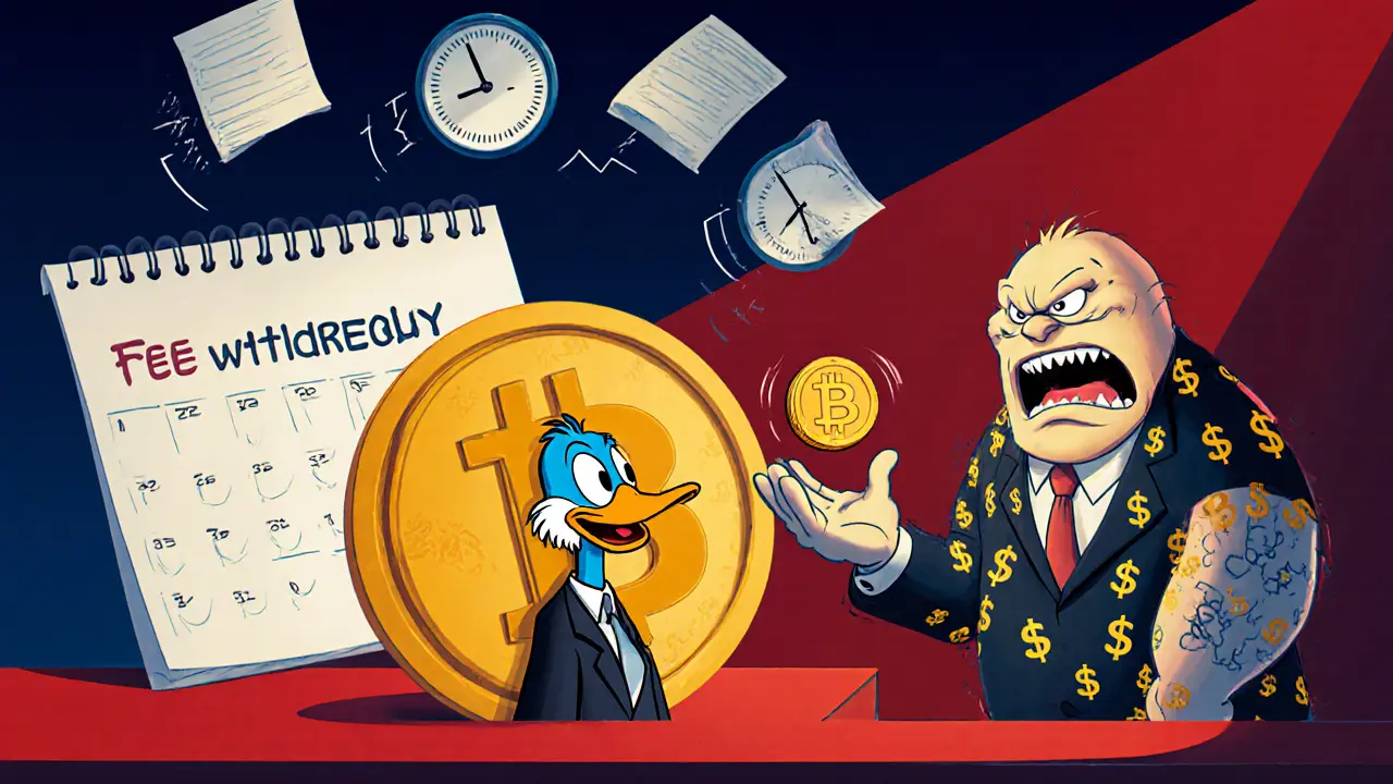 Cartoon duck at a Bitcoin counter being grabbed by a giant fee monster with clocks showing three days.