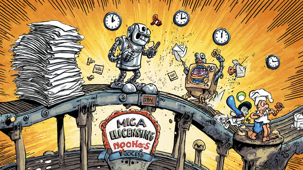 Cartoon factory line showing NCAs processing crypto licence paperwork.