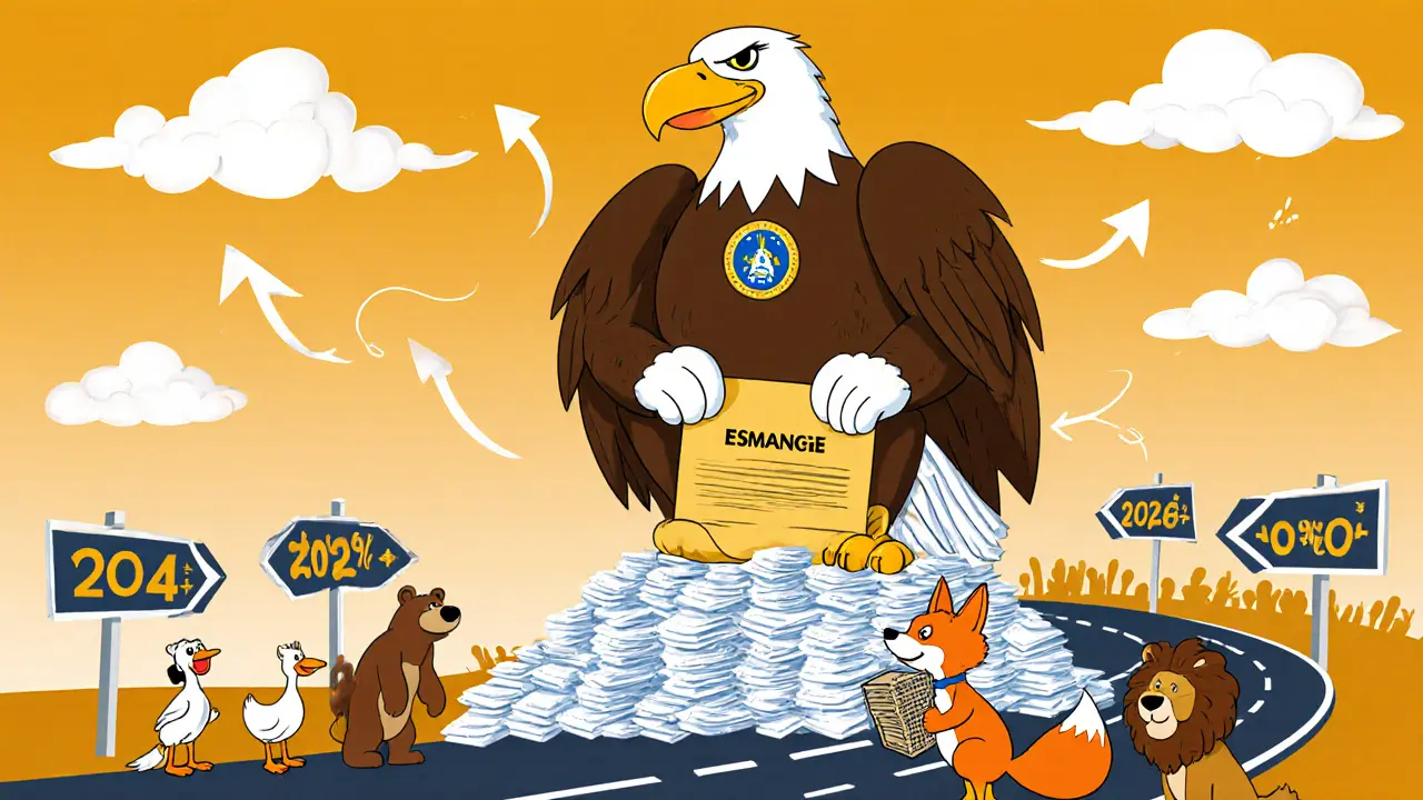 Cartoon giant ESMA eagle handing a huge licence scroll to crypto firms under a timeline.