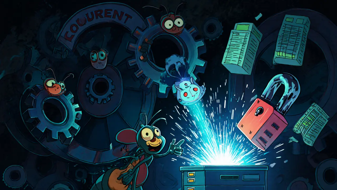 Cartoon hacker lab with gear, bug chain, and data being stolen from an Oracle server.