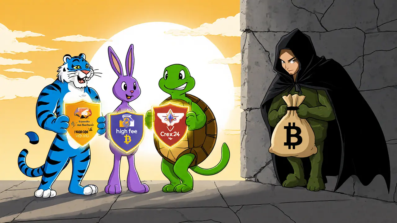 Cartoon heroes representing Binance, Coinbase, Kraken face a shadowy Crex24 figure holding a heavy Bitcoin bag.