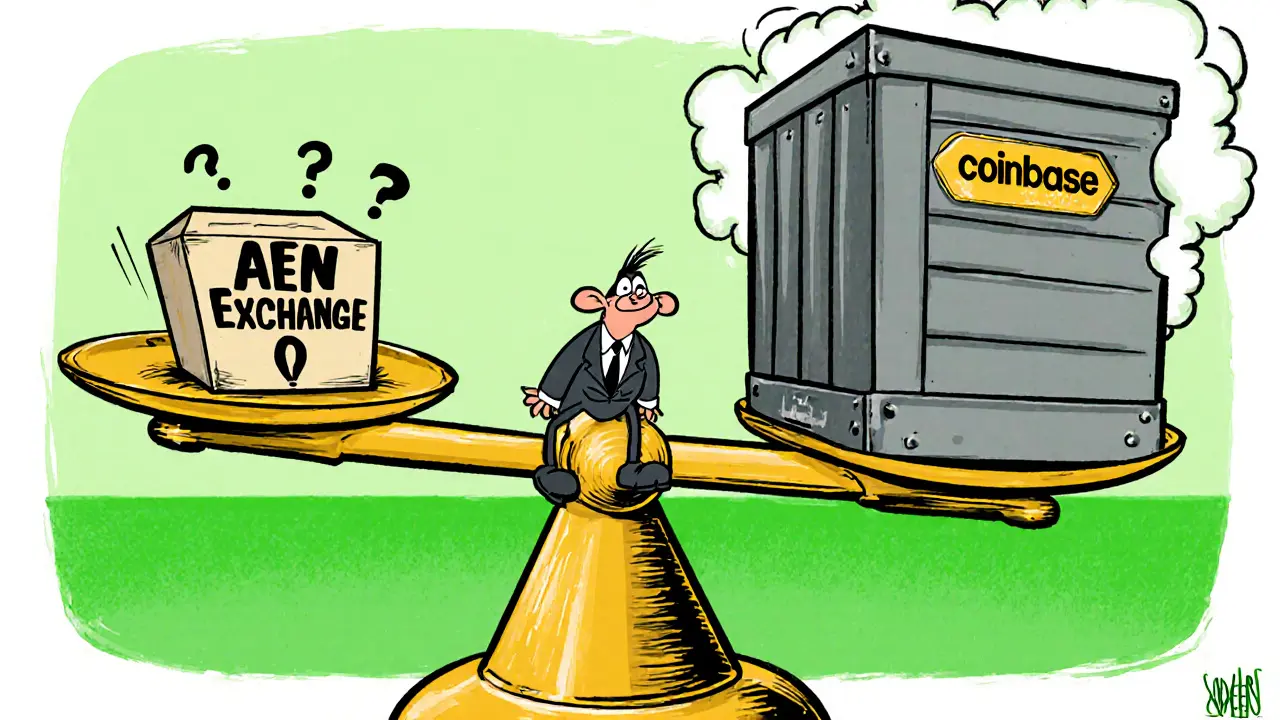 Cartoon scale weighs tiny AEN box against large Binance crate.