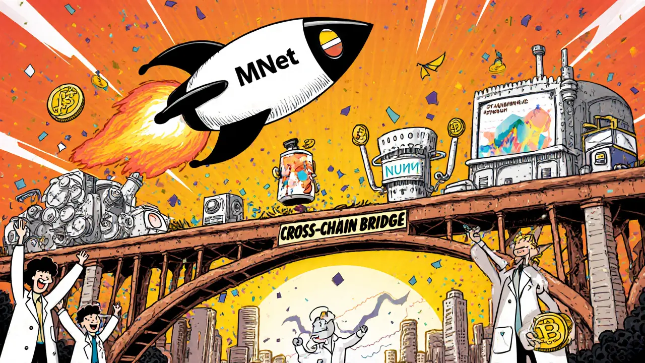Looney Tunes style rocket labeled MNet launches toward a city with NUUM coins raining, crossing a bridge to a bright future.