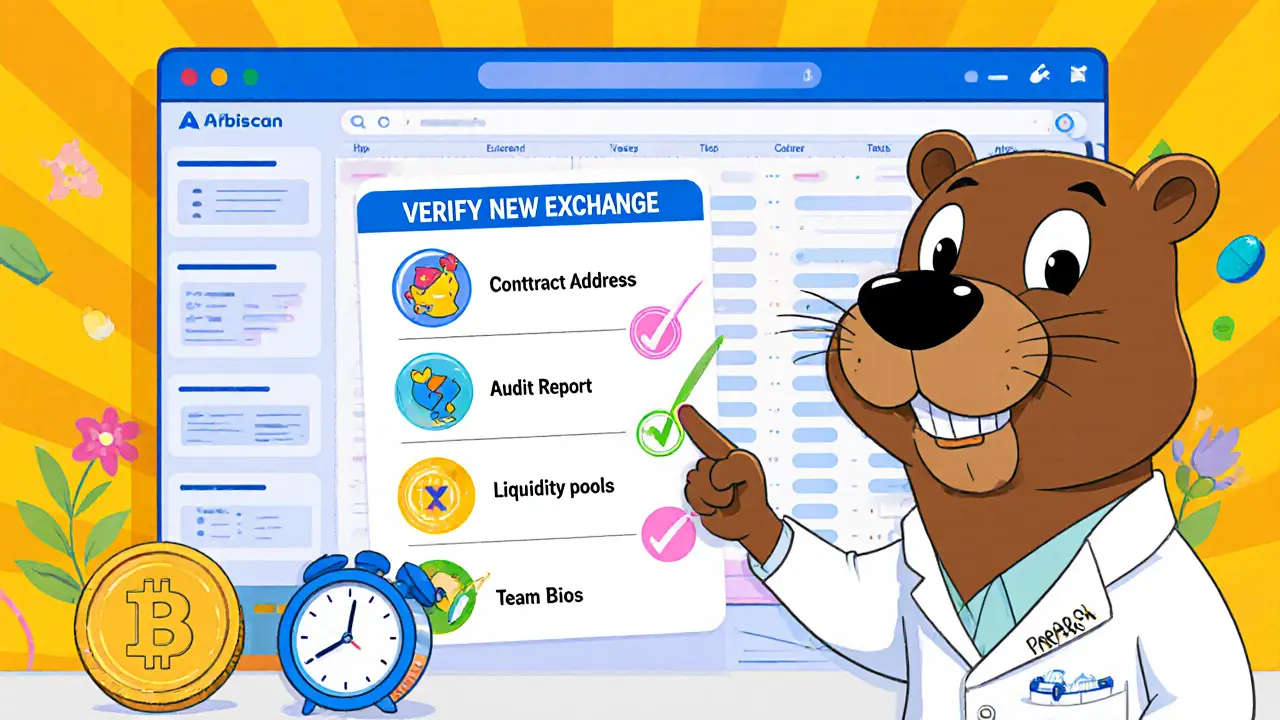 Safety beaver checks contract, audit, liquidity on a cartoon Arbiscan screen.