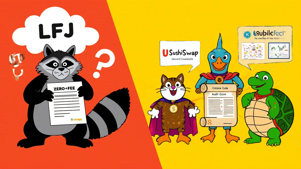 Split-screen cartoon shows shady LFJ raccoon vs. heroic Uniswap duck, SushiSwap cat, Curve turtle.