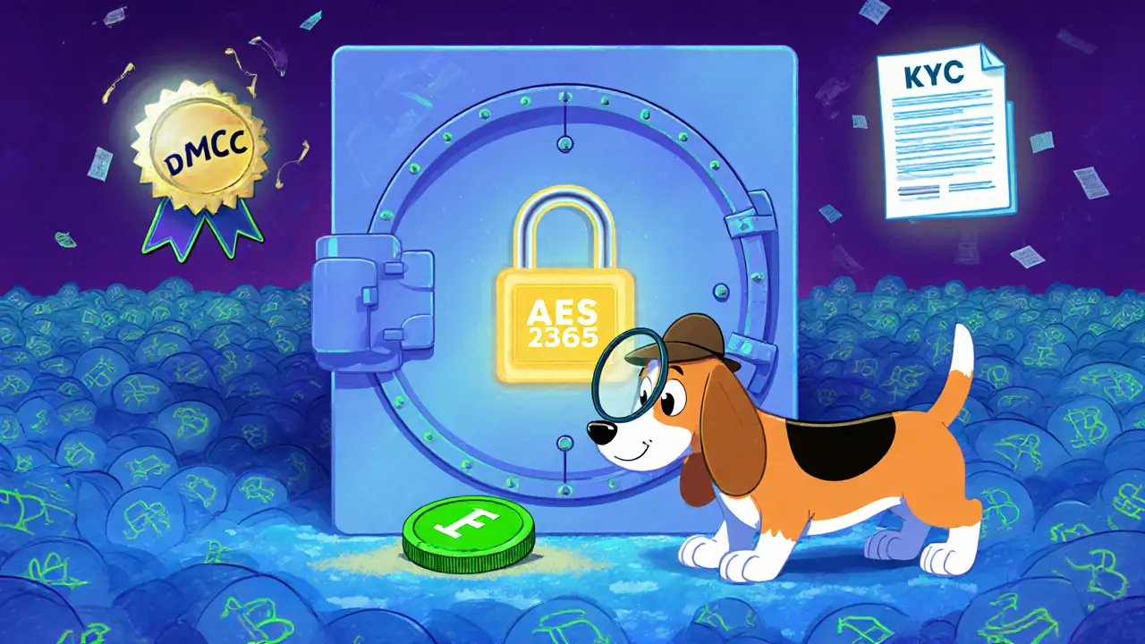 Cartoon beagle detective inspects a vault lock while a tiny COF token floats beside crypto coins.
