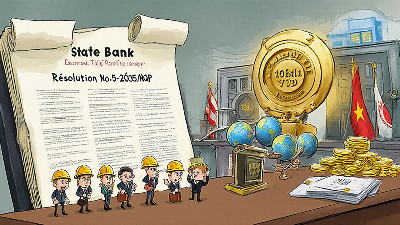 Cartoon boardroom with ledger, five exchange buildings waiting for license stamp, CASP bridges.