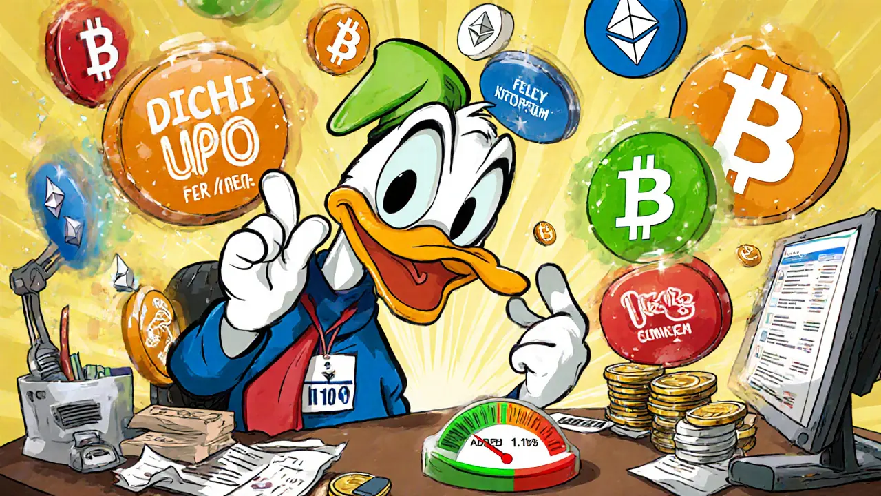 Cartoon duck trader clicks big zero‑commission buttons as crypto icons whirl and fee meter shifts.