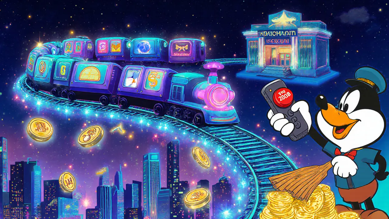 Cartoon NDAChain blockchain train carrying tokenized assets, bank overseeing tax jar.