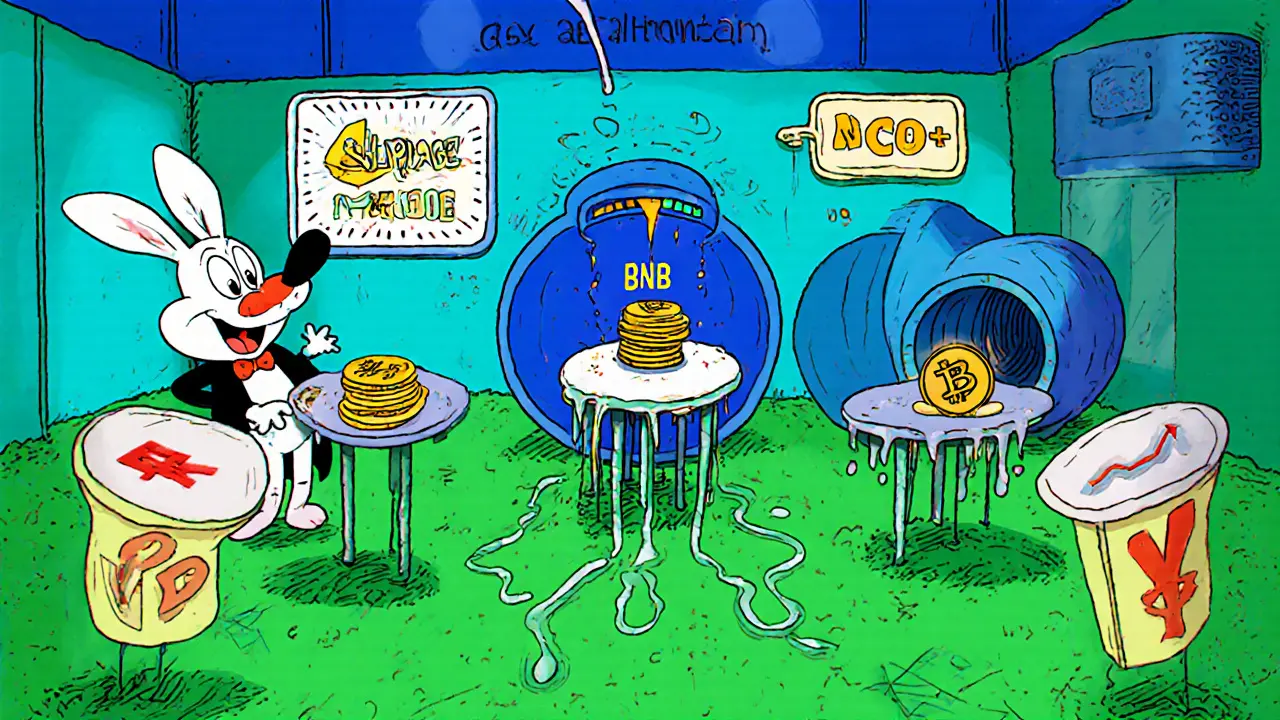 Cartoon rabbit trades NCOIN on a wobbly PancakeSwap table with syrupy slippage.