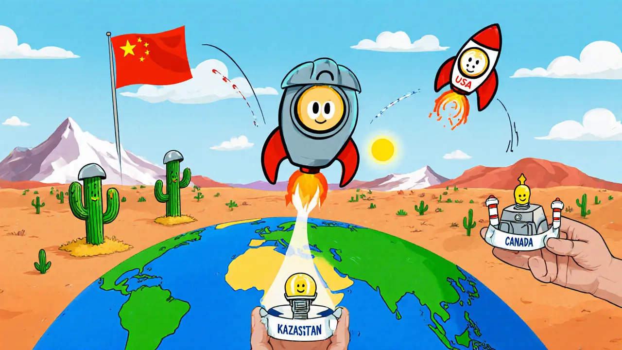 Cartoon rockets representing mining rigs move from China to USA, Canada, and Kazakhstan on a world map.
