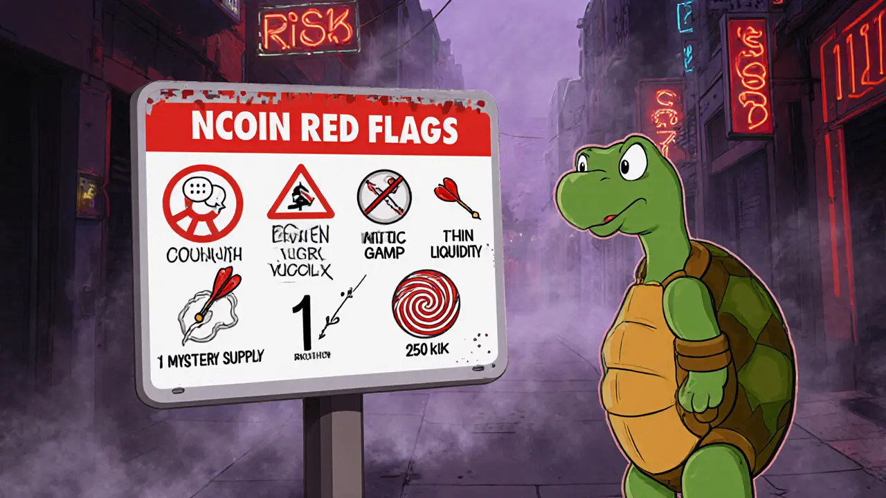 Turtle looks at a red‑flag board showing NCOIN risk icons and supply confusion.