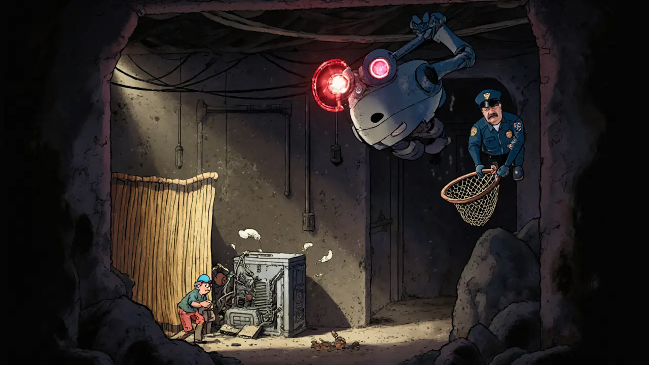Underground miners hide a rig as a goofy AI robot scans power lines and a police officer prepares to capture it.