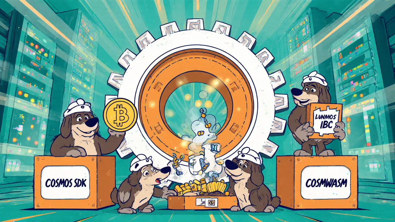 Animated validator dogs build a blockchain gear with Cosmos SDK and IBC symbols.