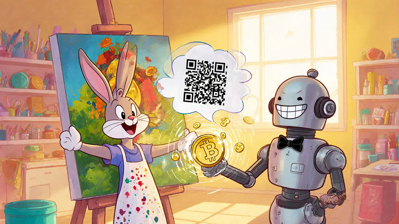Artist mints an NFT, a golden token pops from a painting with smiling robot.