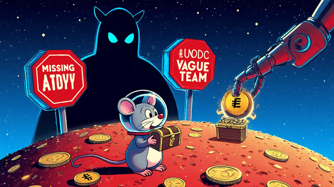 Cartoon mouse explorer with hardware wallet does test trade amid red warning signs.