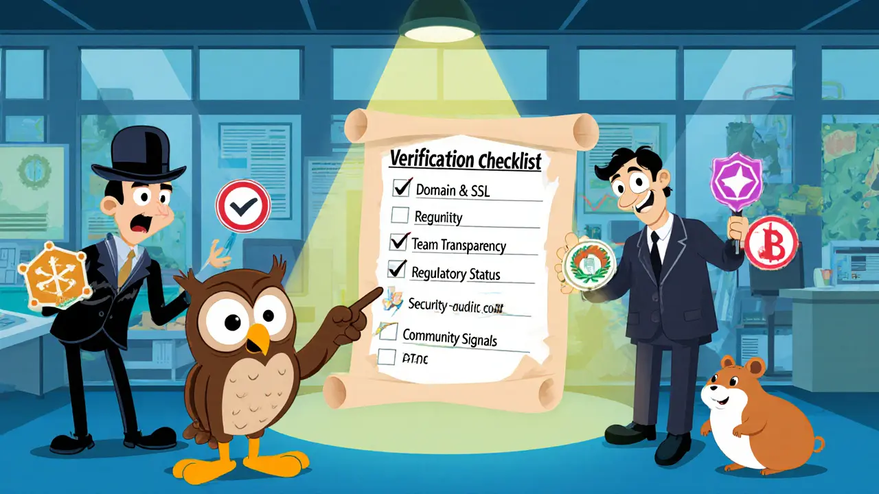 Cartoon newsroom checklist shows characters checking domain, team, audit, and community.