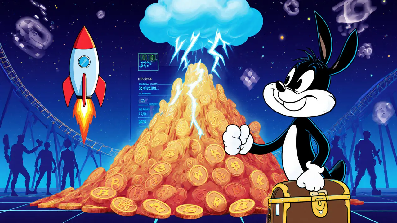 Character holds a hardware wallet while watching a rising/falling KABY token mountain.