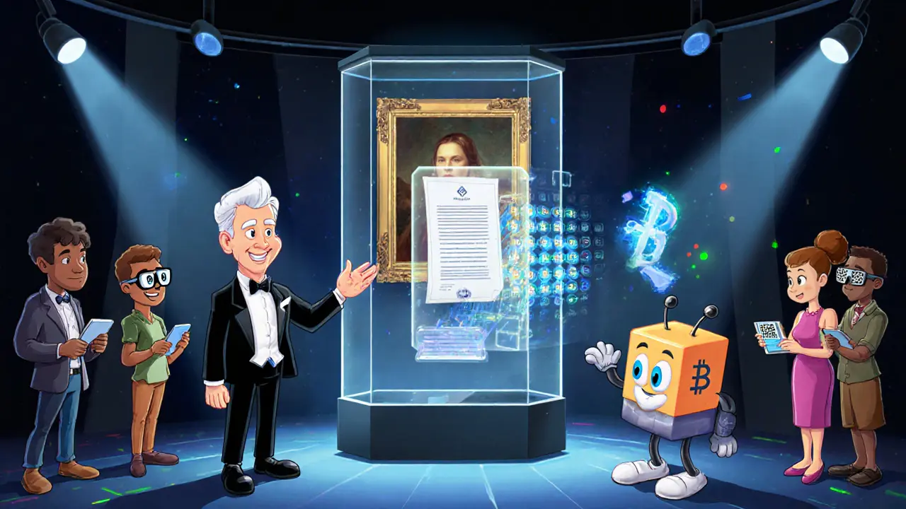 Hybrid gallery shows traditional certificate and holographic blockchain, characters handshake.