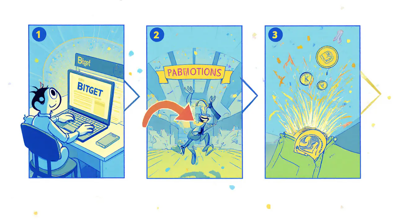 Looney Tunes style panels illustrate signing up, clicking promotions, battling, and collecting tokens.