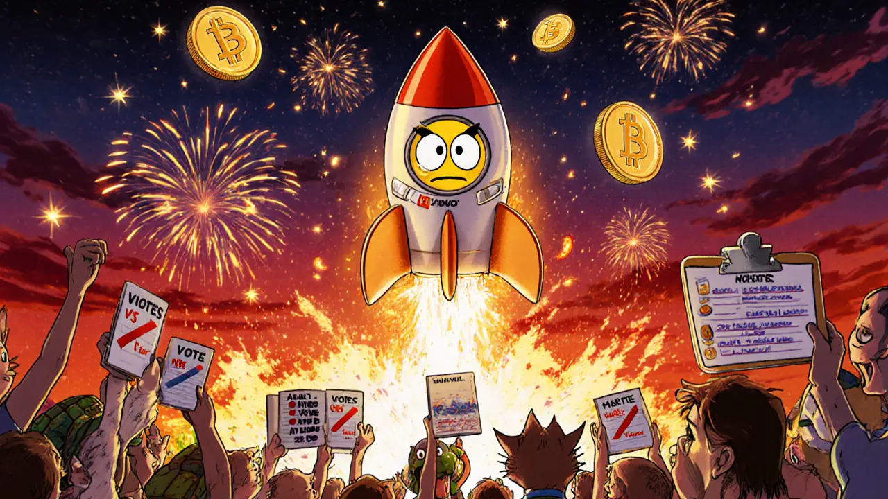 LUNC rocket launches with token fireworks as cartoon community votes on upgrade.