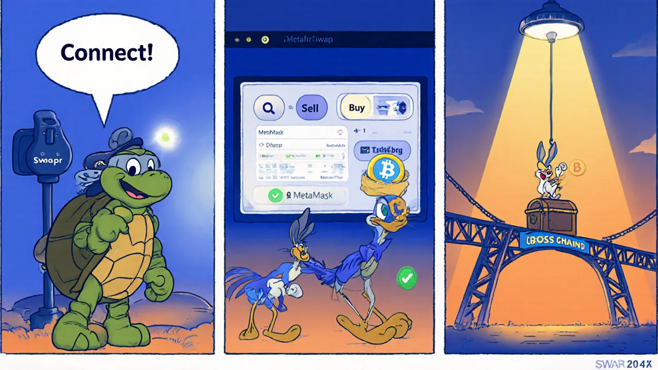 Three‑panel comic of a wallet connecting, selecting tokens, and confirming a swap on Swapr.