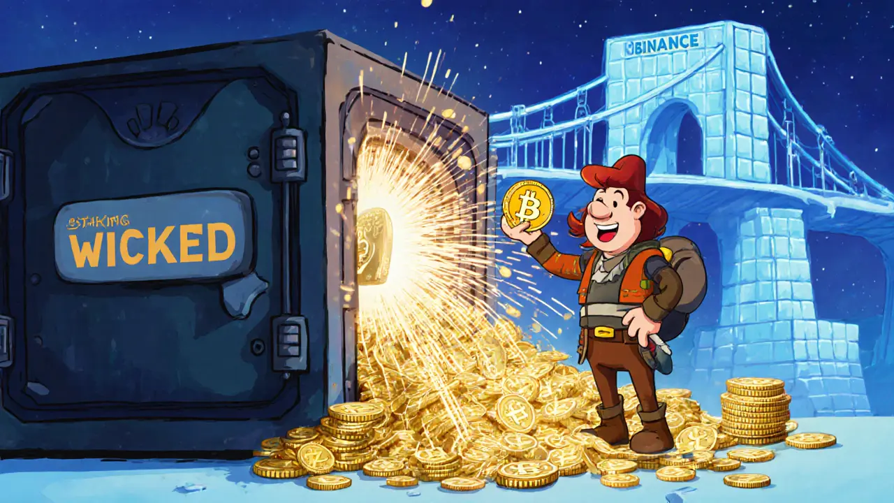 Cartoon adventurer staking WICKED tokens, releasing golden Temerian Oren coins.