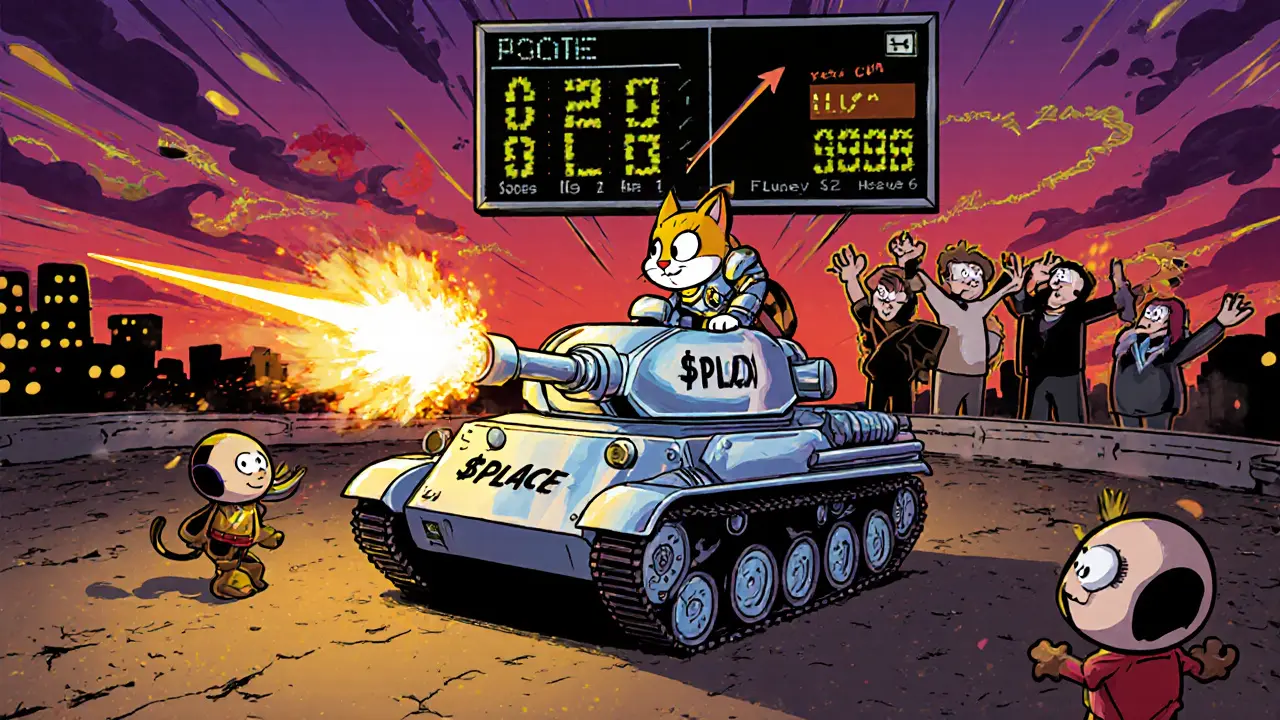 Cartoon cat rides a glowing tank NFT in a battle arena, earnings rise and DAO members cheer.