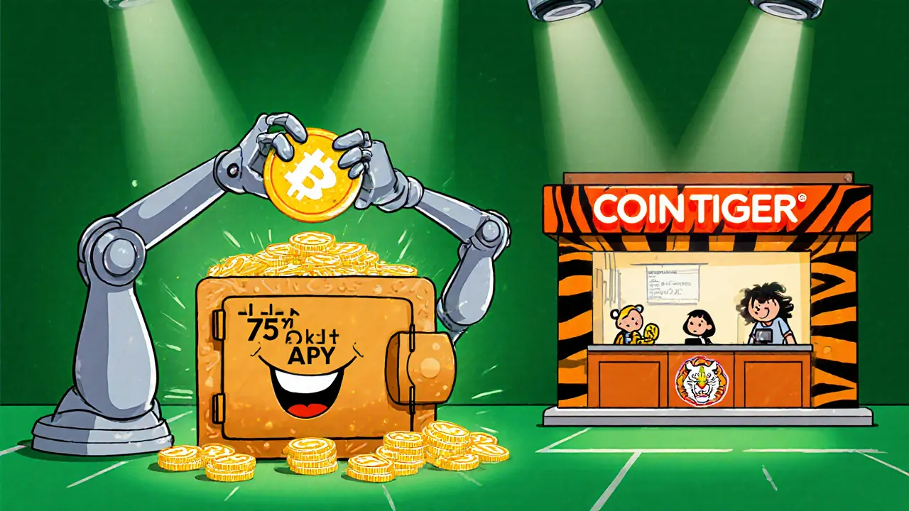 Cartoon robots stake MND tokens while a tiger‑themed exchange processes trades.