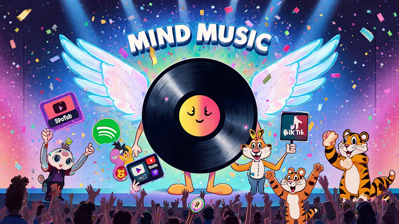 Concert scene with a winking vinyl NFT and fans holding music merch.