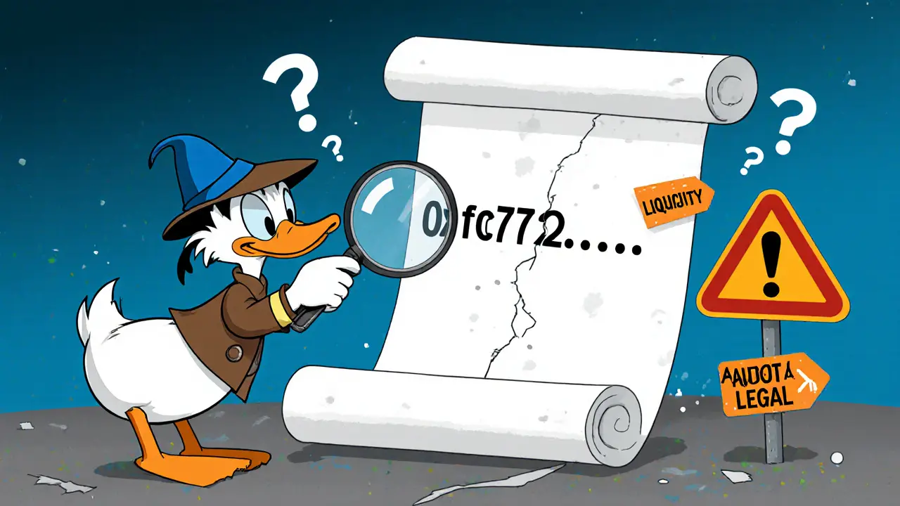 Detective duck examining the contract address with warning signs and a broken roadmap.