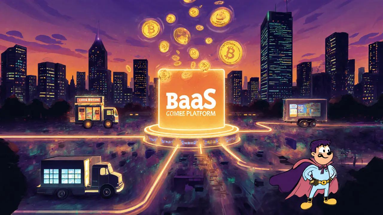 Digital city at dusk with a luminous BaaS core powering retail, gig, and SaaS buildings, watched by a compliance officer.