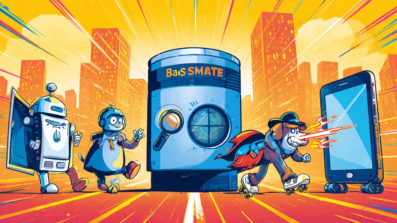 Four cartoon characters representing Open Banking, RegTech, AI fraud detection, and digital banking march to a BaaS hub.