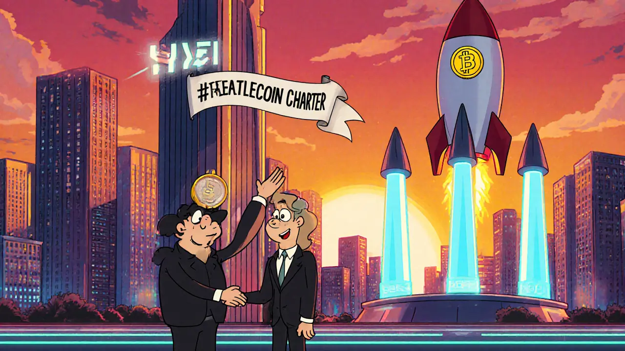 Futuristic cartoon city with banks, regulators, and a stablecoin rocket launching.