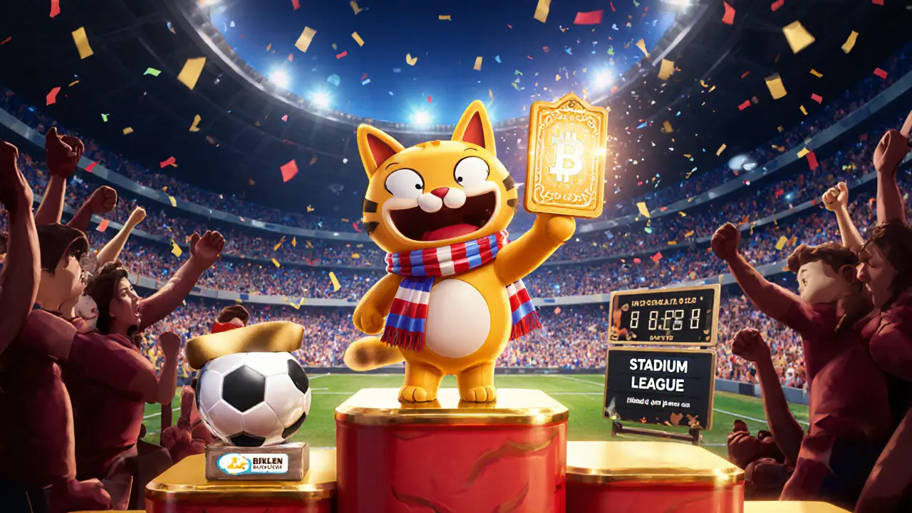 Joyful cat showing a TopGoal NFT on a podium beside a stadium, with GOAL tokens and rewards.