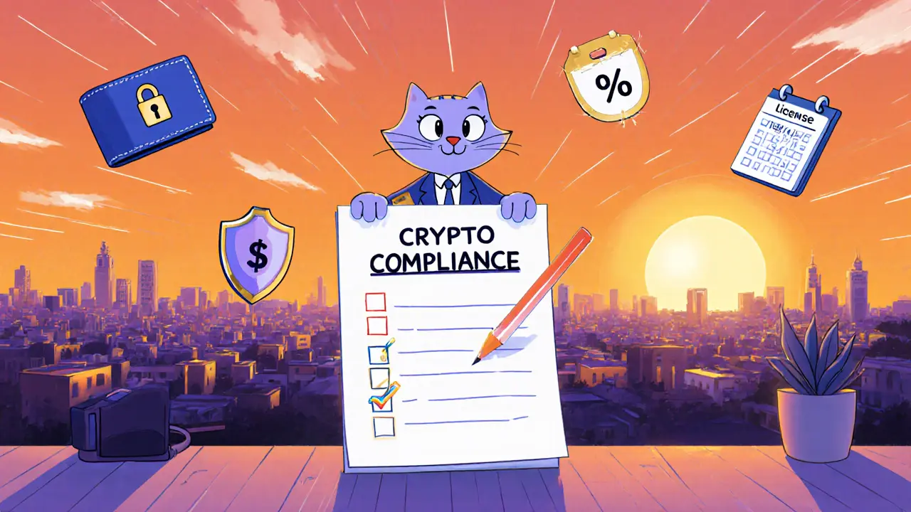 Looney Tunes cat on a rooftop checking a compliance list surrounded by crypto icons at sunset.
