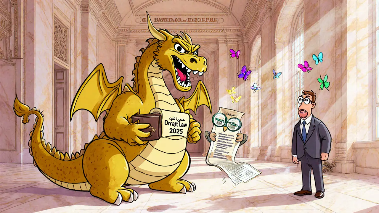 Looney Tunes dragon representing Bank Al‑Maghrib confronting a businessman with a crypto wallet and draft law scroll.