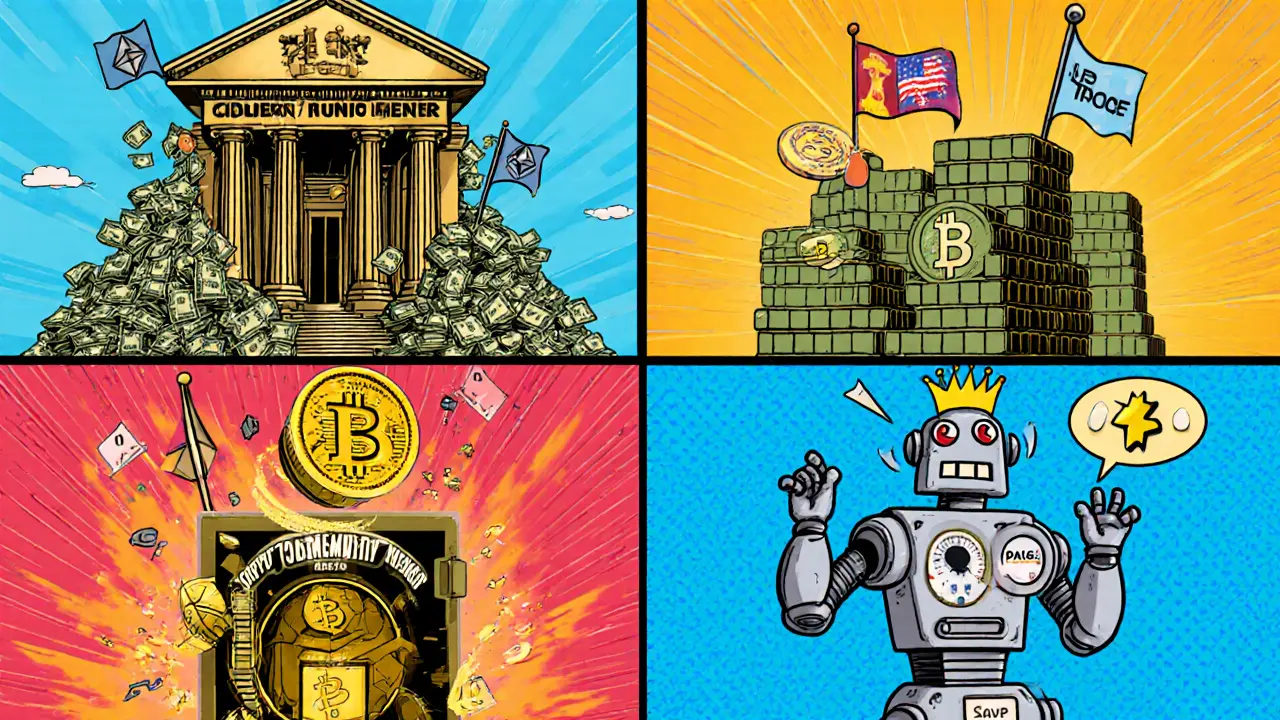 Looney Tunes panel showing fiat, crypto, gold, and algorithmic stablecoin types.