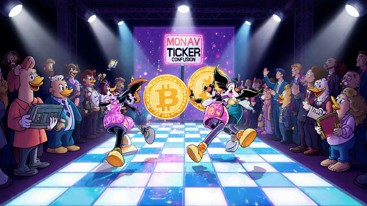 Digital fashion runway with NFT models and two MONA coins representing ticker confusion.