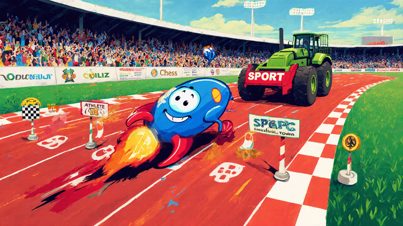 Looney Tunes race track shows small blue SPORT rocket racing against larger token cars.
