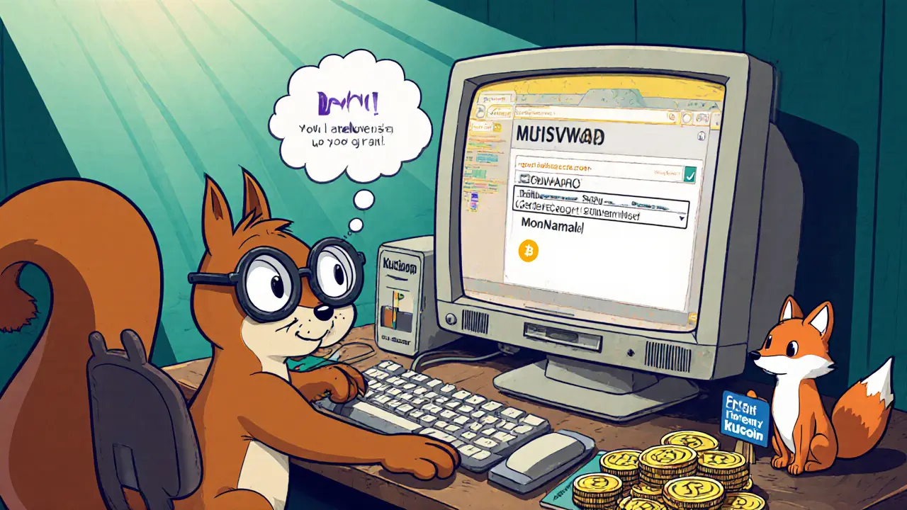 Squirrel character swaps MONA on a cartoon Uniswap screen with MetaMask mascot.