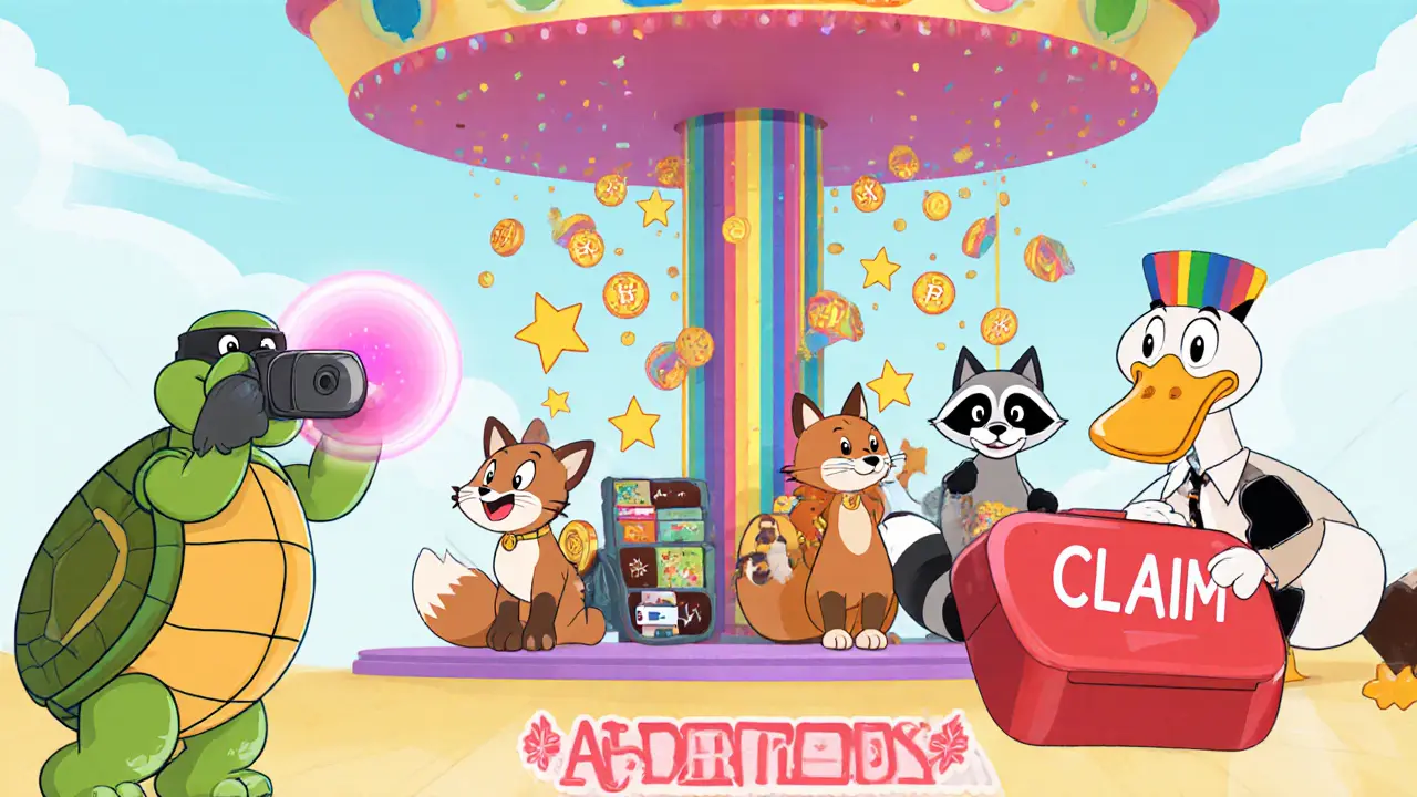 Cartoon animals experience snapshot, eligibility check, and claim steps with tokens raining down.