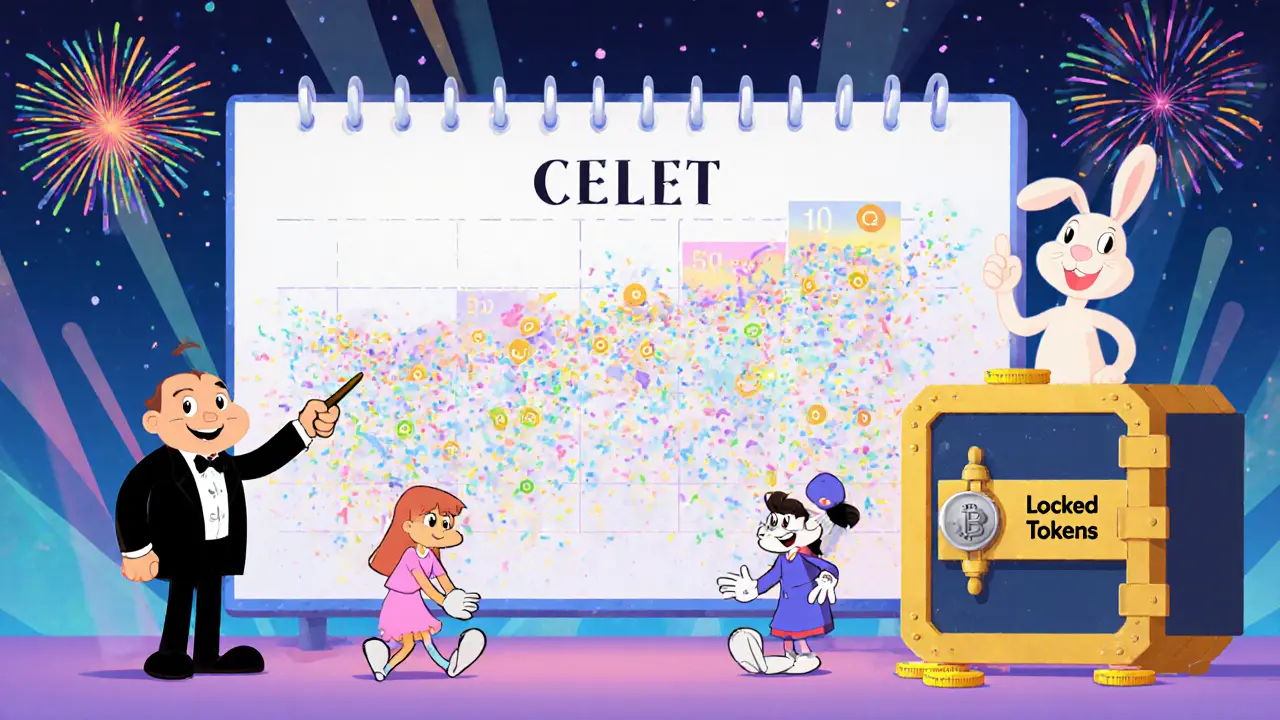 Cartoon calendar releasing monthly CELT token drops to eager investors, overseen by a ZBS Capital mascot.