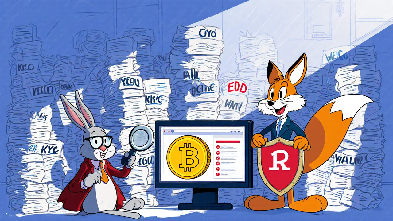 Cartoon compliance office with animated rabbit and fox juggling KYC and crypto alerts.
