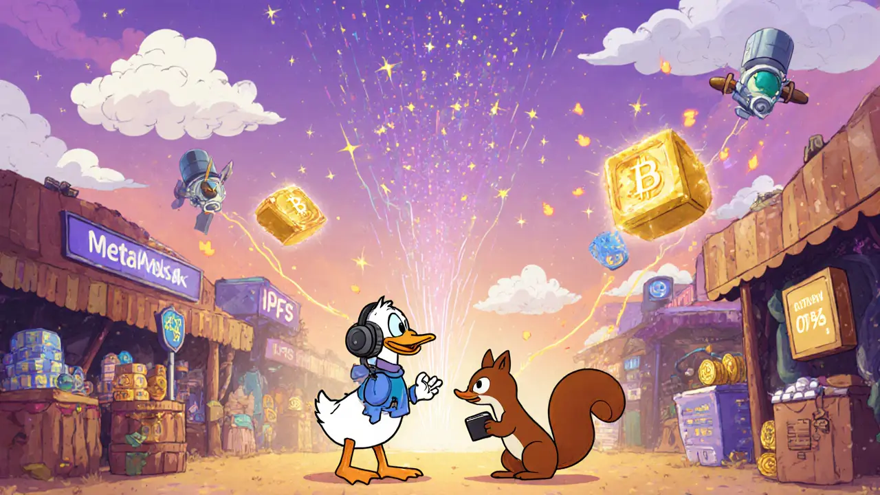 Cartoon duck and squirrel trade NFTs at a blockchain bazaar with IPFS clouds above.